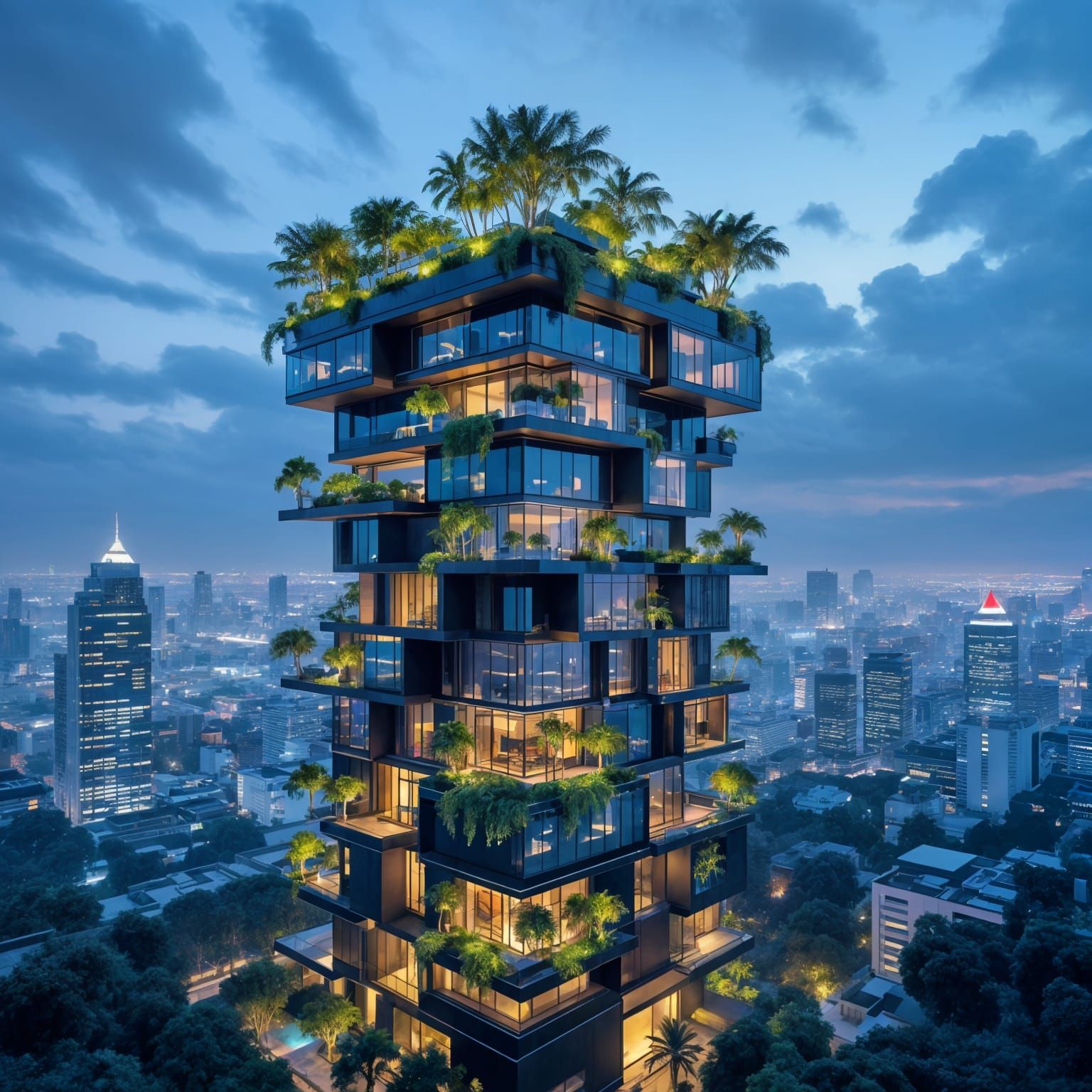 Cyberpunk Skyscraper with Lush Tropical Roof Garden at Night