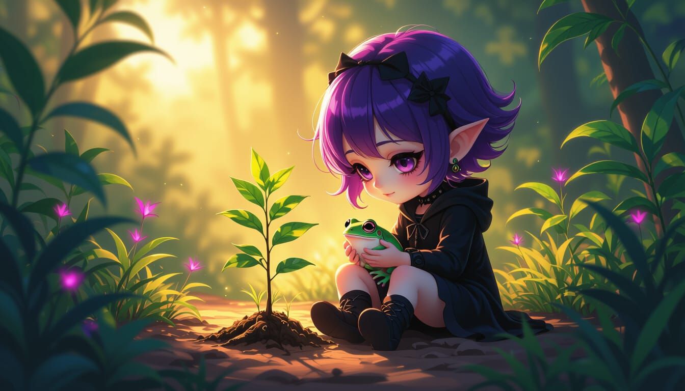 Gothling Tends Injured Tree Frog in Golden Hour Light