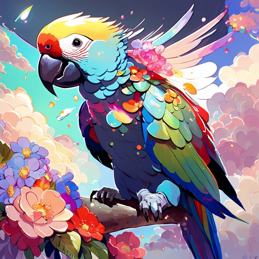 Colorful Crystal Winged Parrot Flying Over Clouds