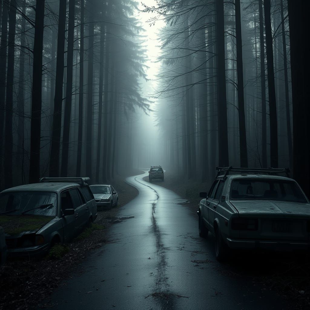 Dark Fantasy Forest Road with Abandoned Vehicles