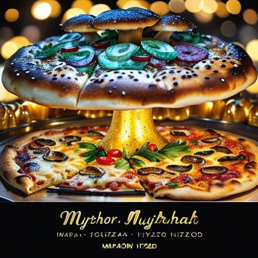 Champagne Mushroom Pizza Spinning Above Manhattan