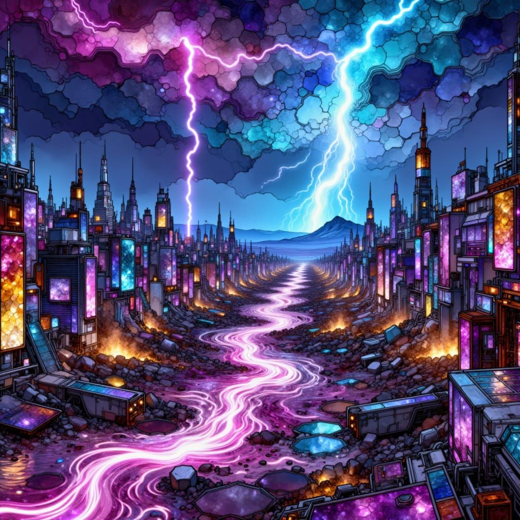 Glitchcore Cityscape in Lightning Storm
