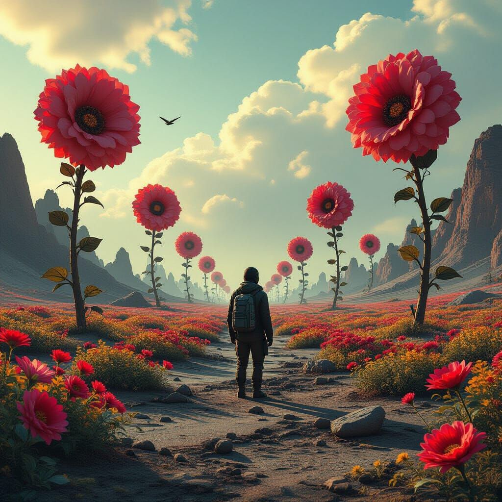 Dystopian Survivor Among Giant Flowers