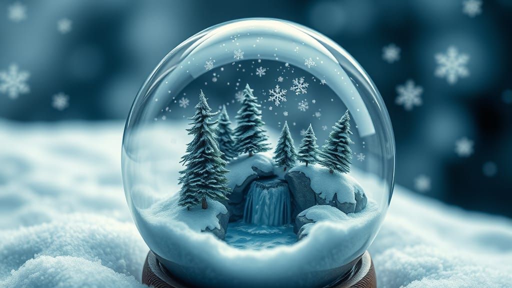 Enchanting Snow Globe with Miniature Waterfall, Photorealist...