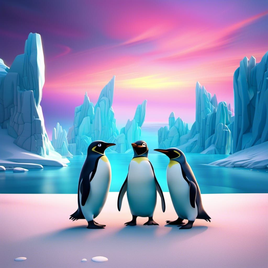 Frozen Ocean: Penguins Under Aurora Borealis in 3D