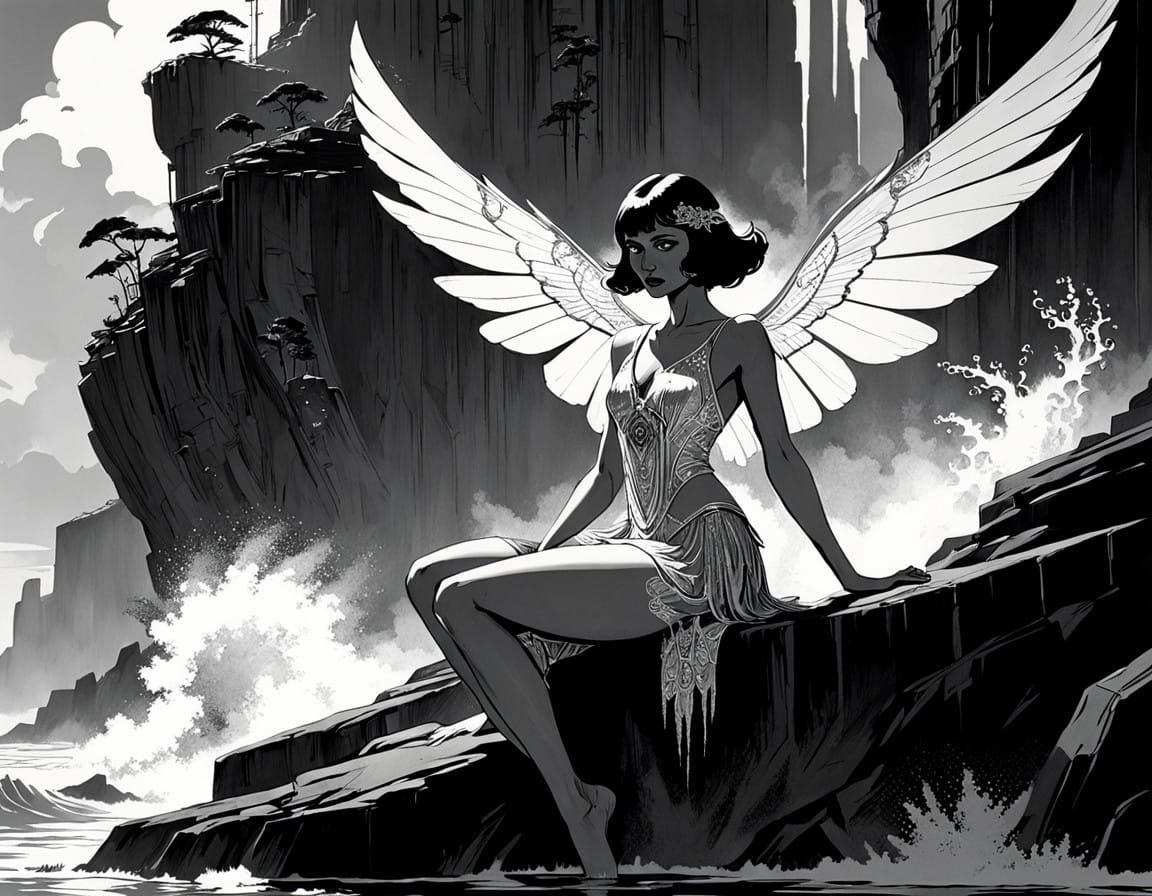 Fantastic winged creature, the upper half of its body is a beautiful woman the lower half its slender beautiful legs, it...