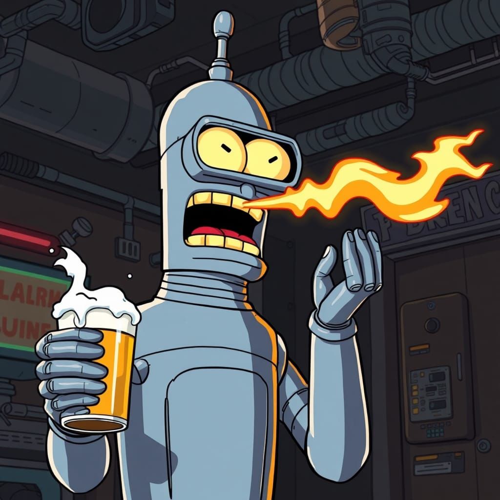 Bender Belching Flames in Dystopian Future