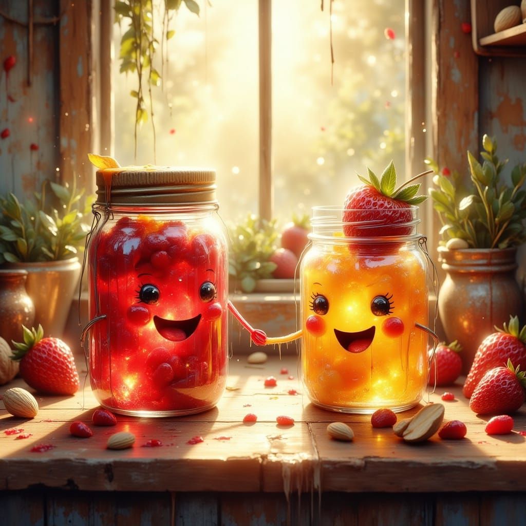 Peanut Butter & Jelly Jars Meet in Whimsical Kitchen Scene