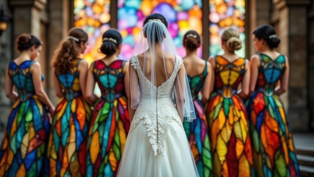 A bride in a white wedding dress stands with a row of brides...