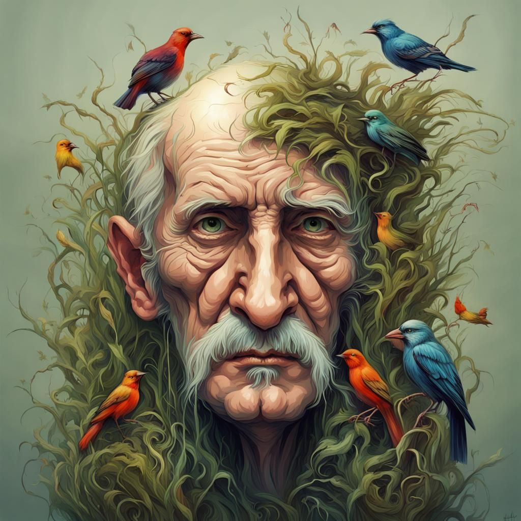 Gothic Art: Old Man Head with Grass and Birds