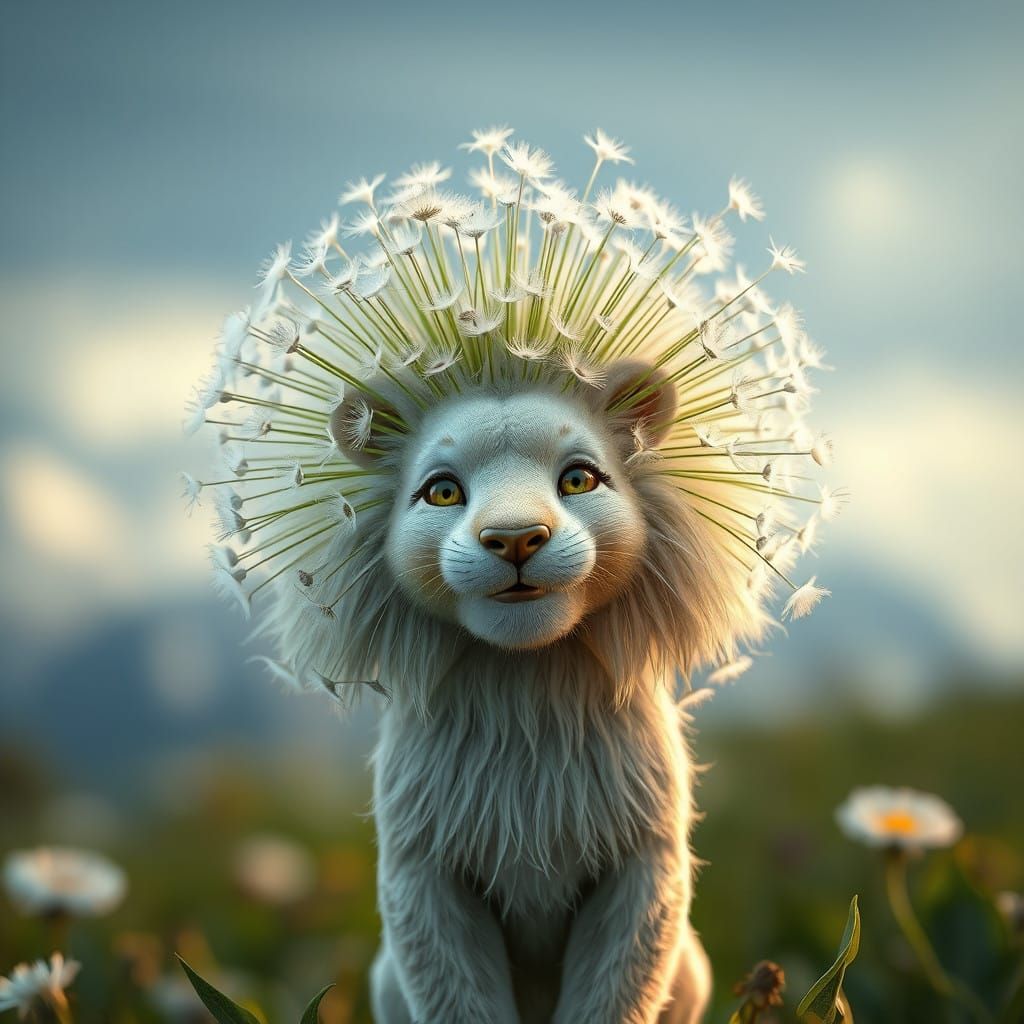 Whimsical Plant Lion with Ethereal Mane in Alpine Meadow