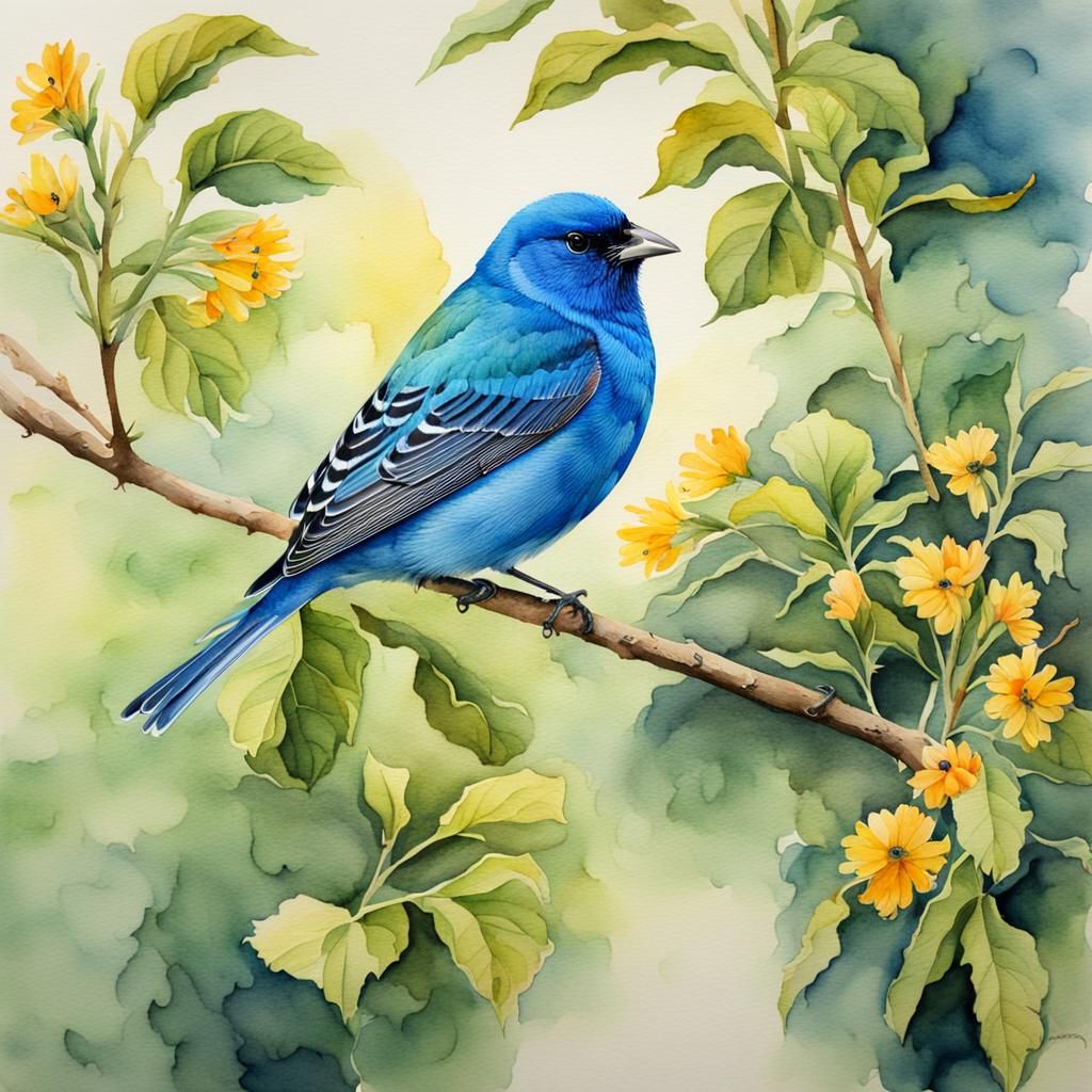 Vibrant Watercolor Indigo Bunting Portrait