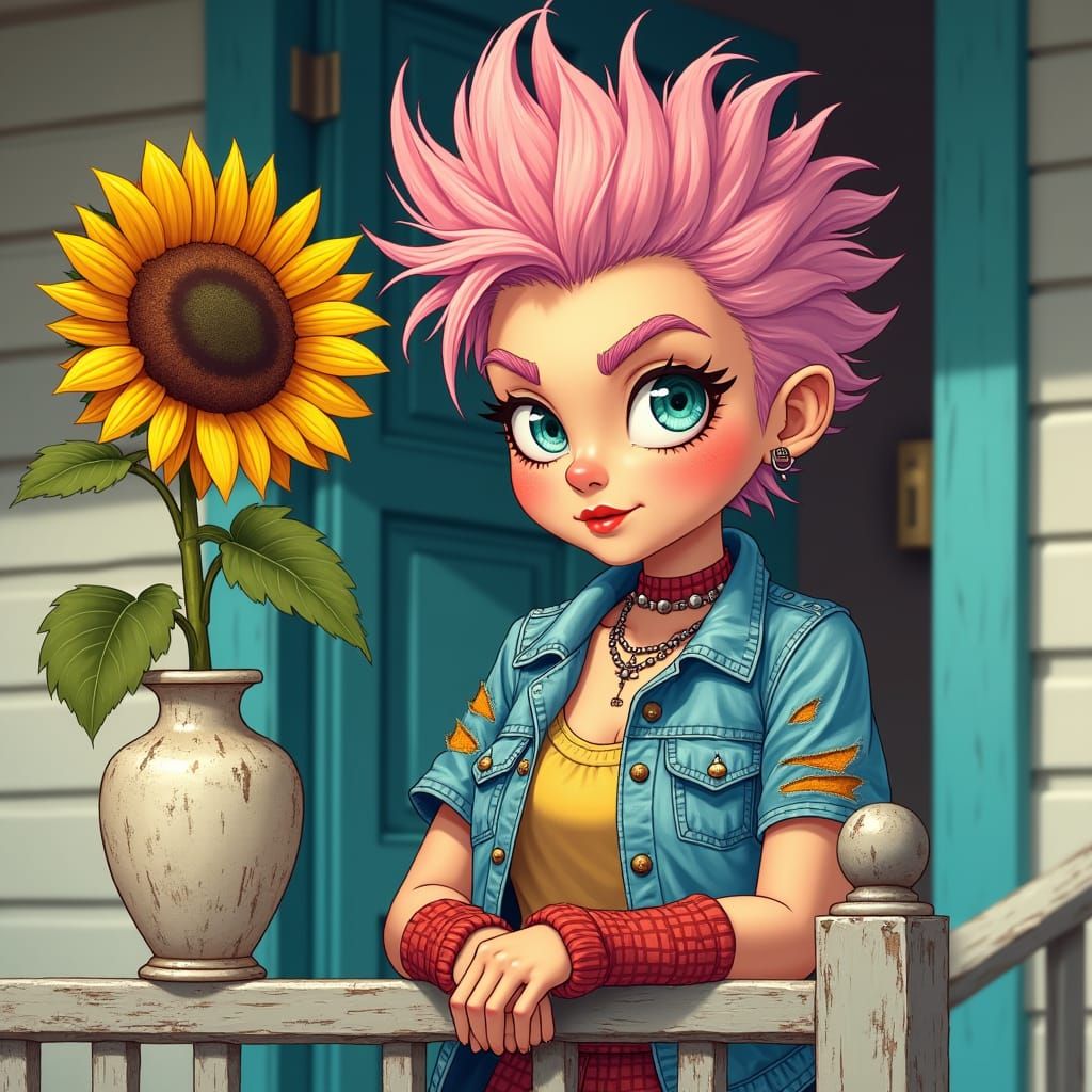 Marshmallow Punk with Sunflower, Graphic Novel Style