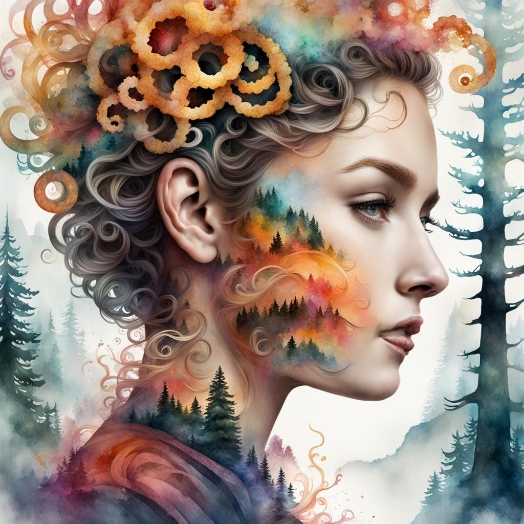 Mountain Head Made of Fries in Watercolour Style