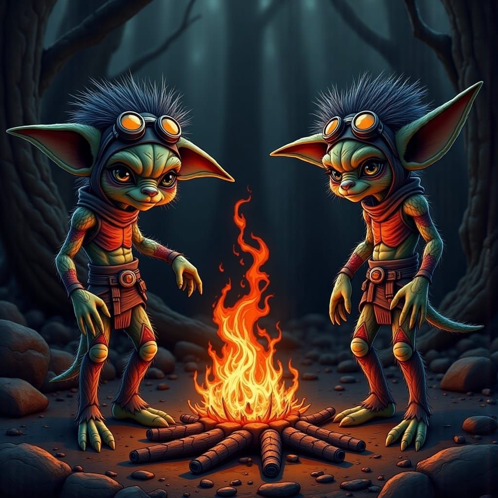 Mythical Figures Dancing in a Mystical Neon Forest