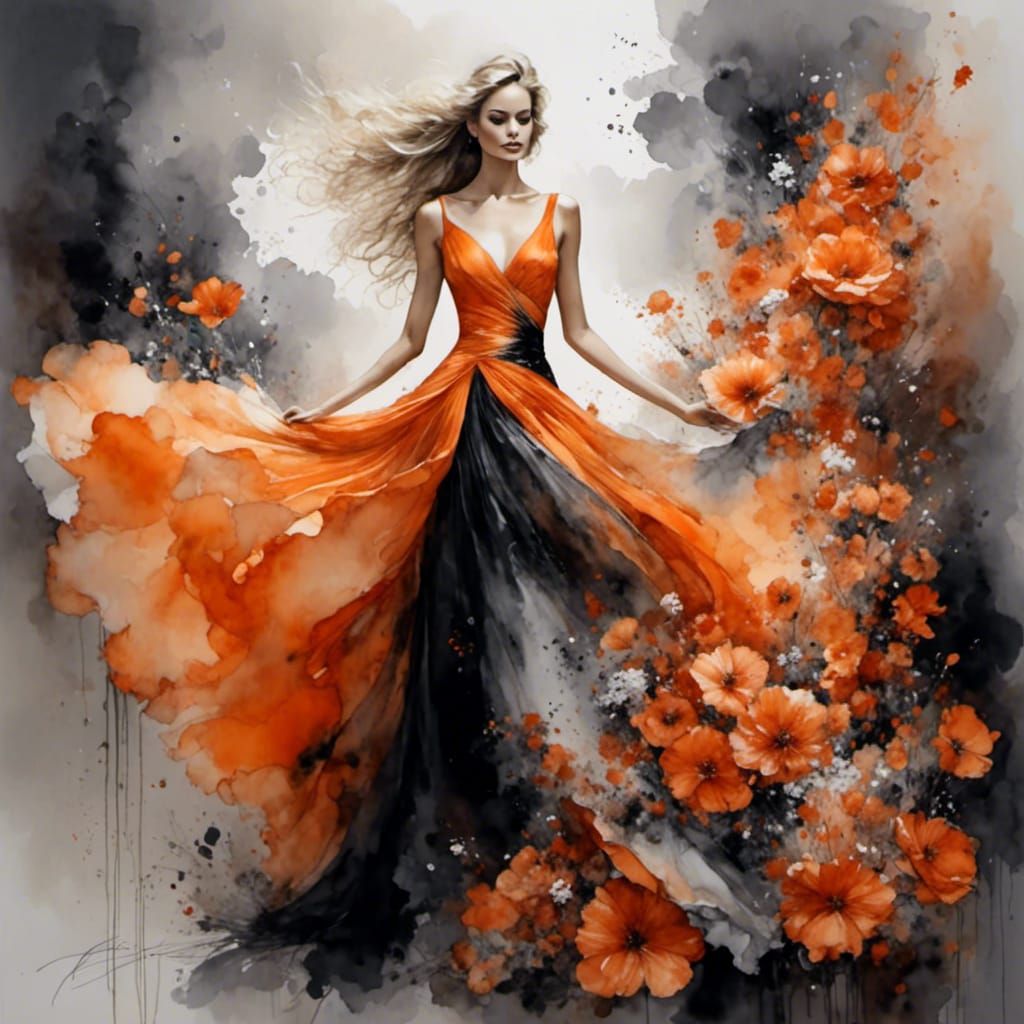 Hyperrealistic Girl in Orange and Black Petal Dress