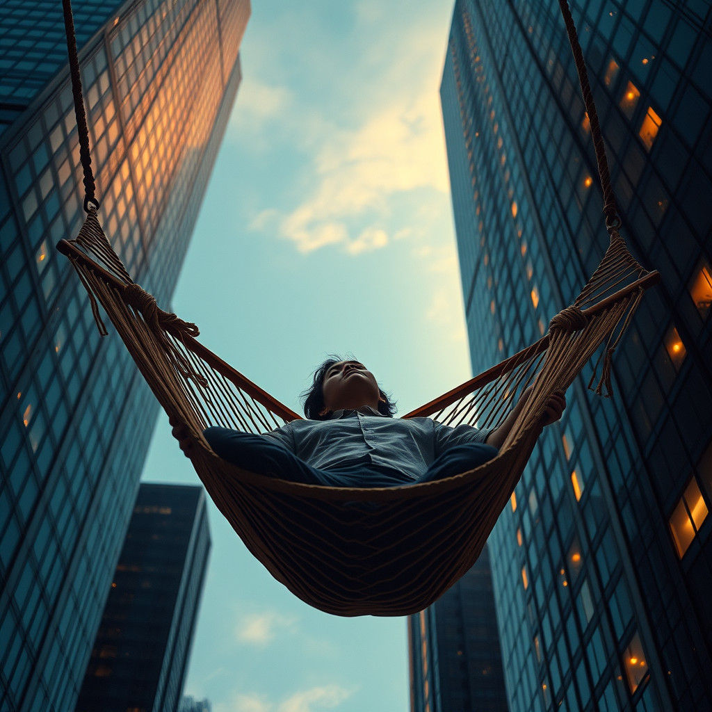 Hyperrealistic Hammock Between Skyscrapers in Golden Light
