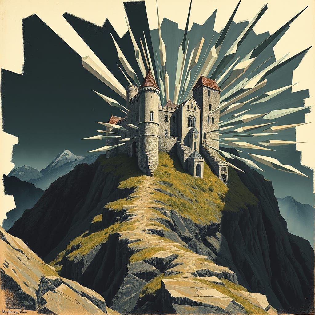 Medieval Castle Transformed by Vorticism's Geometric Fury