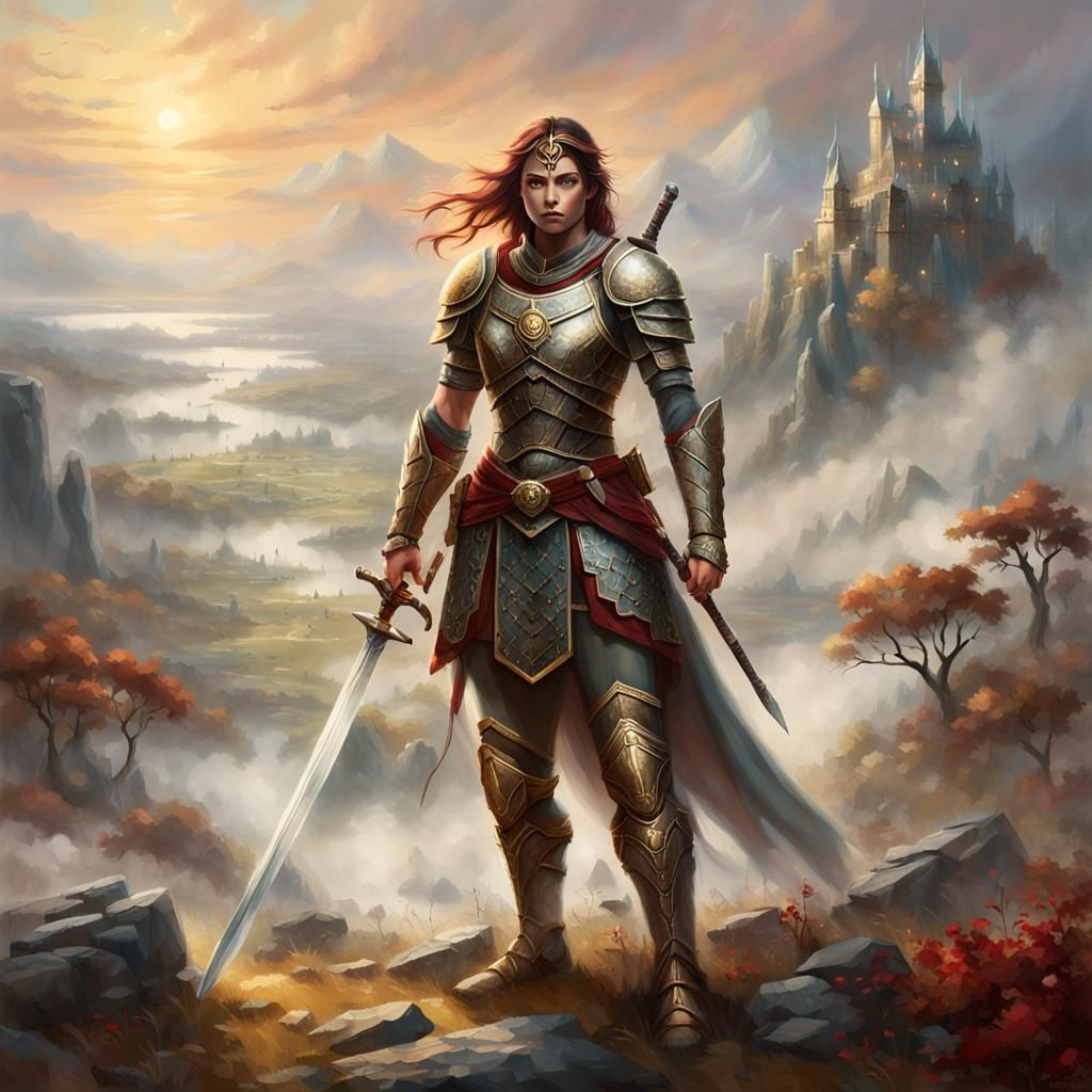 Ethereal Fantasy Female Warrior in Misty Battlefield
