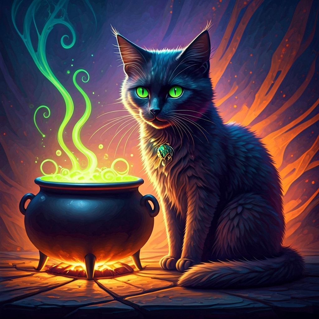 Mysterious Familiar with Emerald Eyes Beside Bubbling Cauldr...