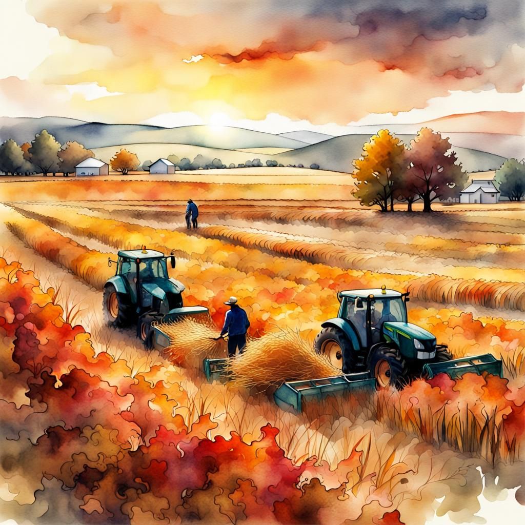 Farmers Harvesting at autumnal sunset Digital watercolor Illustration