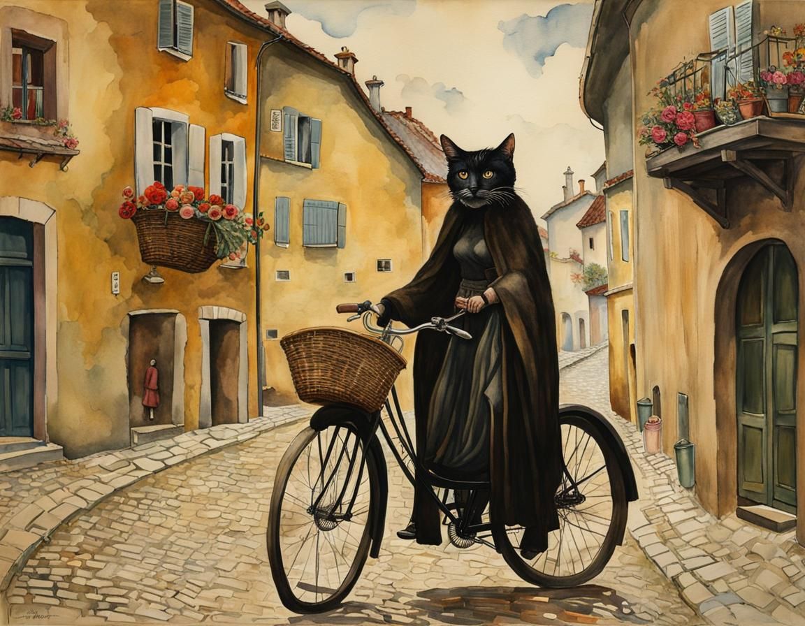 Old Woman and Cat Cycling in Klimt Style