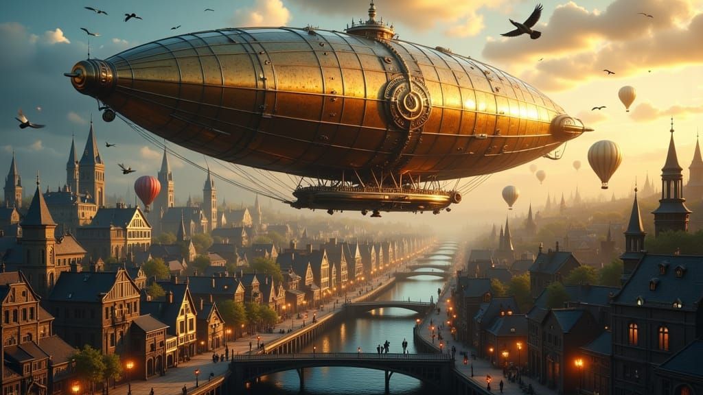 Steampunk Zeppelin Over Harbor City at Dusk