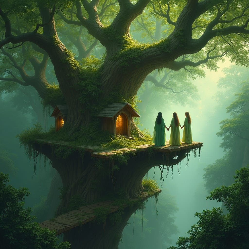 Enchanted Elven Tree Fortress with Three Sisters