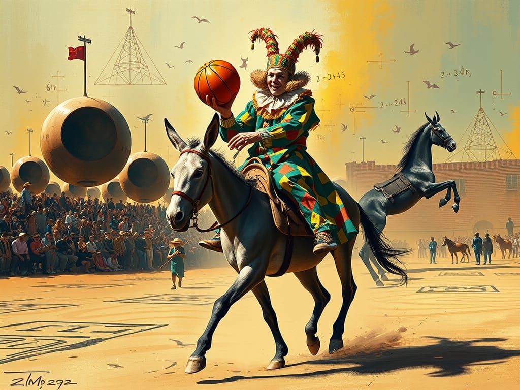 Abstract Expressionist Rodeo Clown on Donkey With Basketball