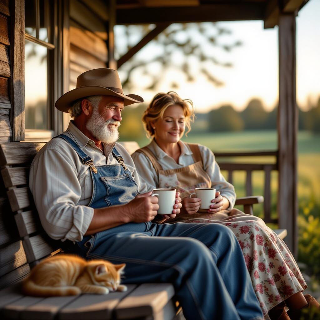 Farmer and Wife Enjoy Morning Coffee on Porch with Kitten