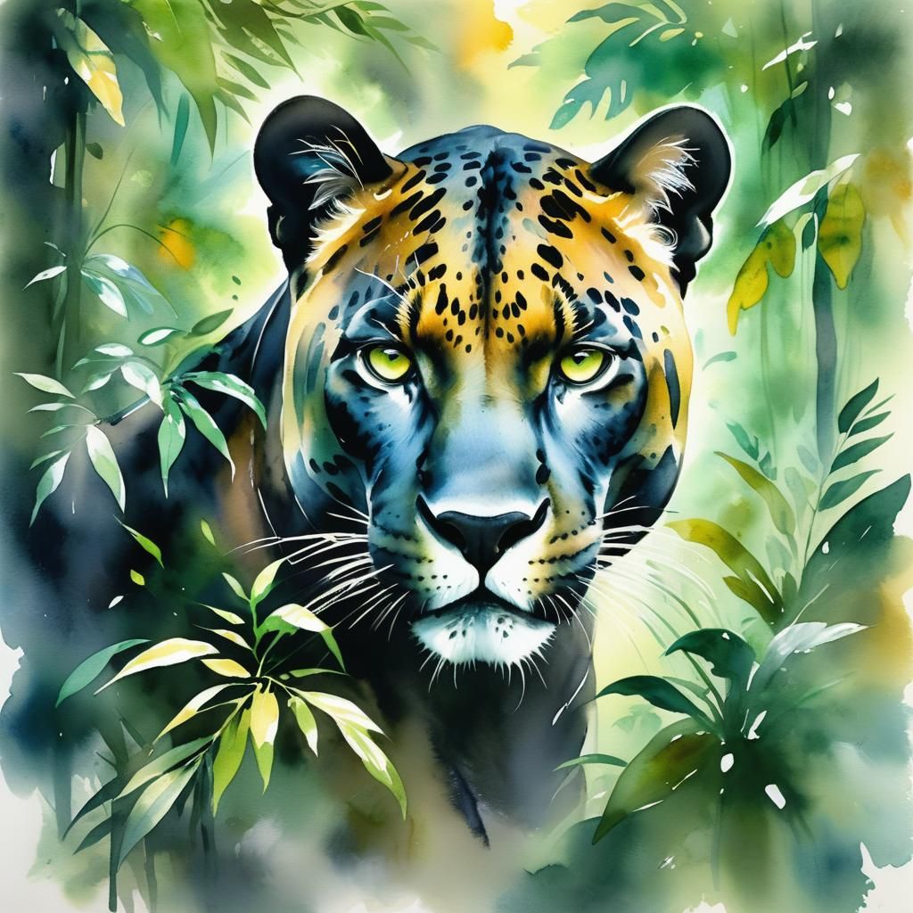 Panther in Misty Jungle: Watercolor Painting