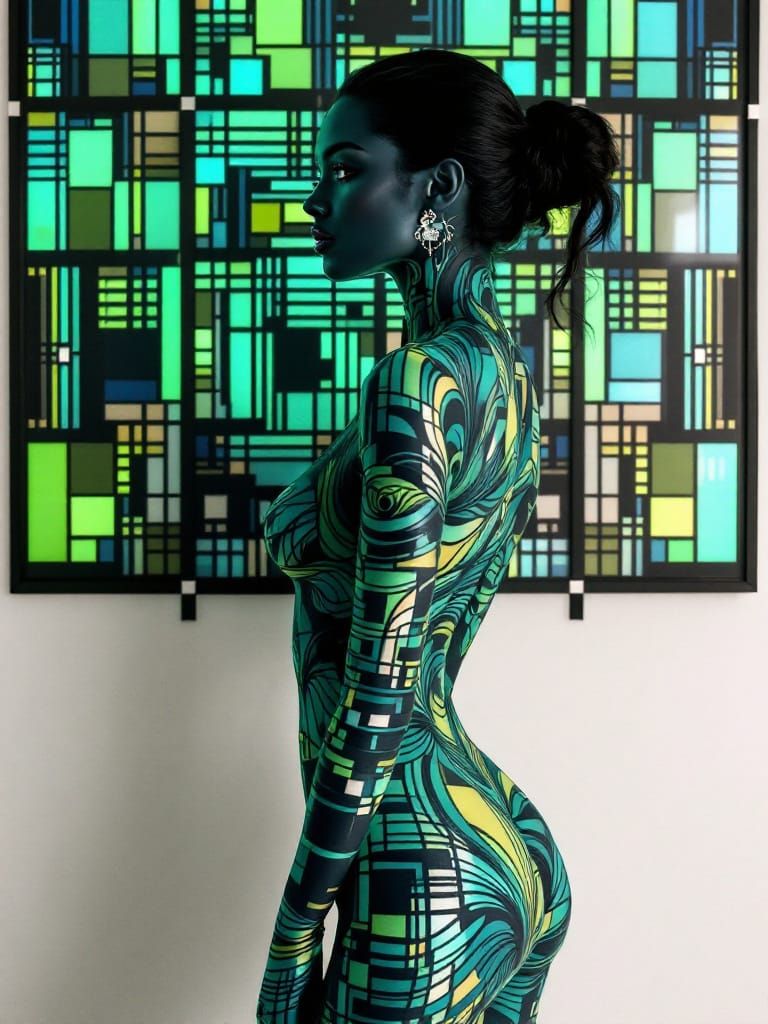 Woman's Geometric Body Art Aligns With Spiral Architecture