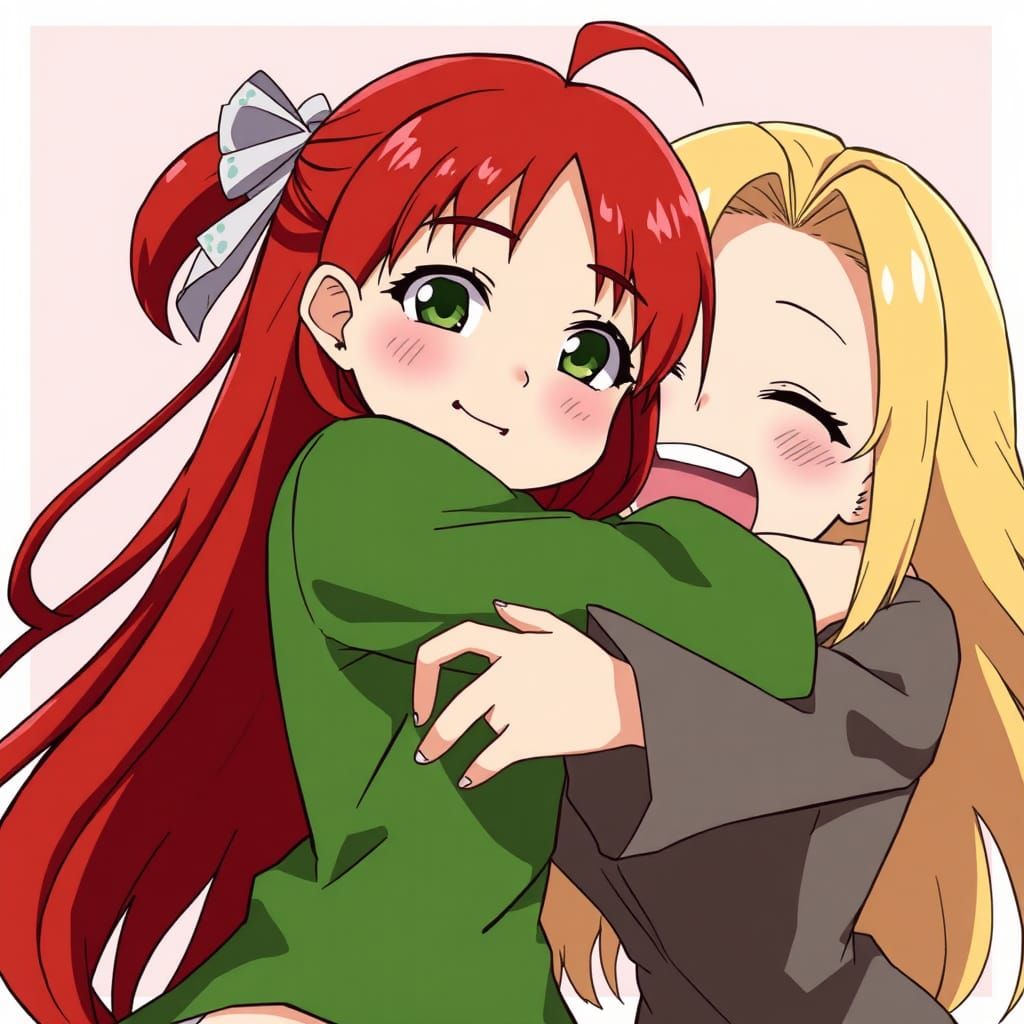 Anime Women Hugging in Cel-Shaded Style