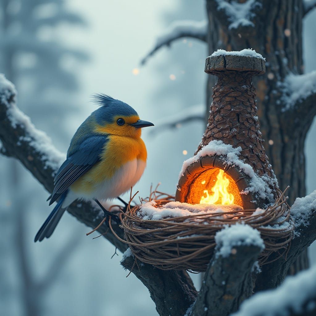 Fantastical Winter Scene in Cozy Pine Tree Nest