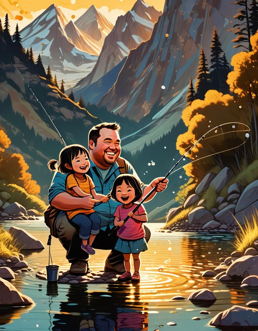 Father and Daughter Fishing: Warm Comic Book Art