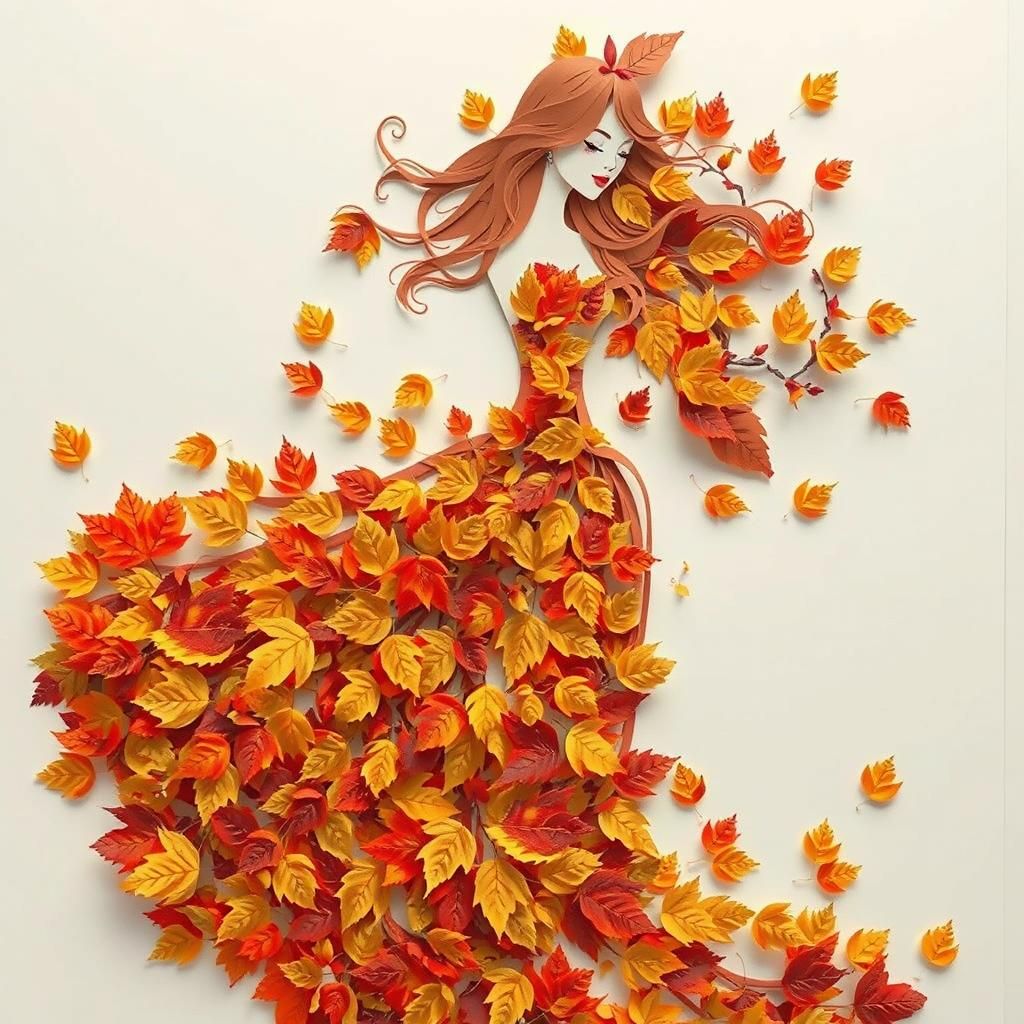 Autumn Leaf Dress Paper Collage in Hyperrealism