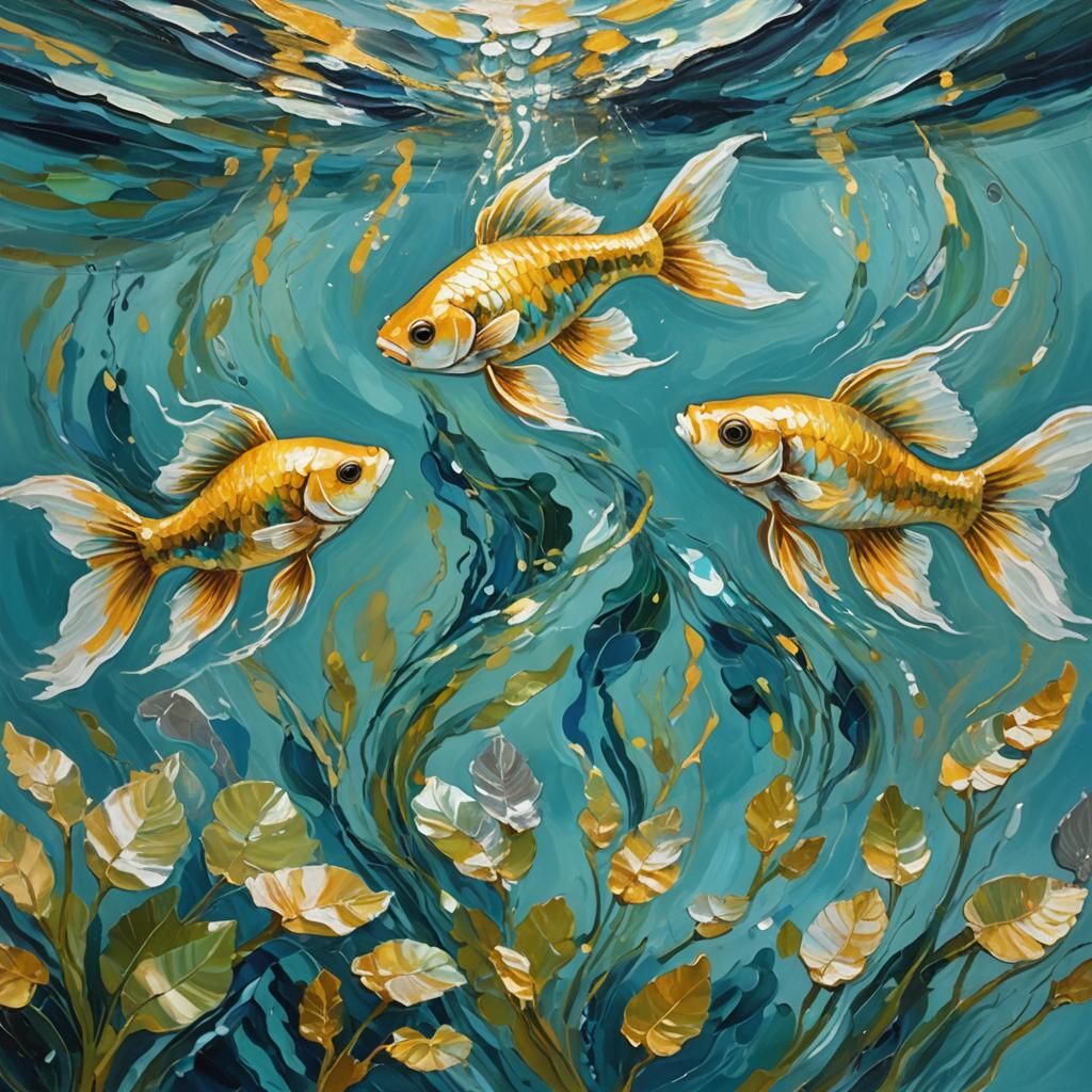 Gold and Silver Beta Fish in Expressionist Oil Painting