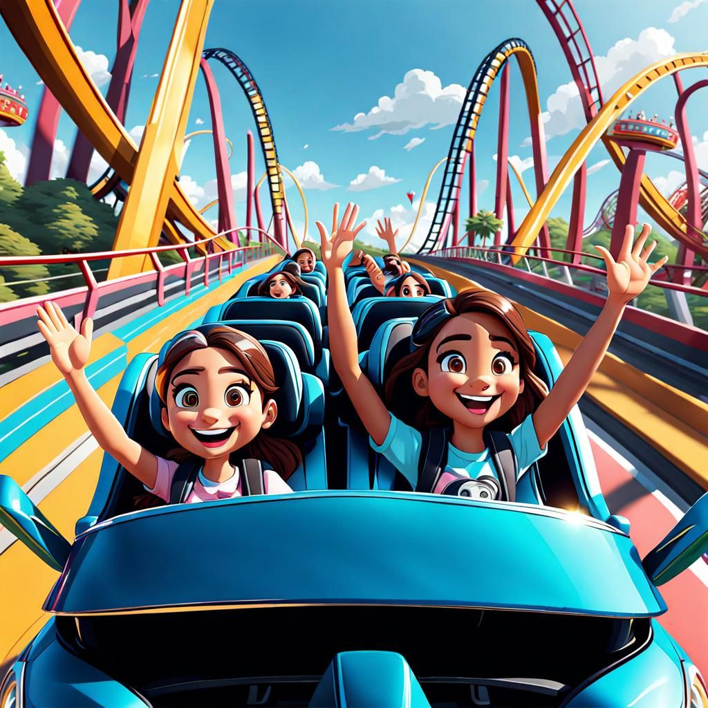 Cartoon Girls Enjoying a Rollercoaster Ride
