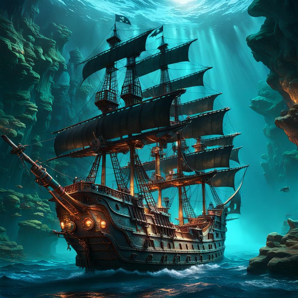 Copper Pirate Ship at Bottom of Sea