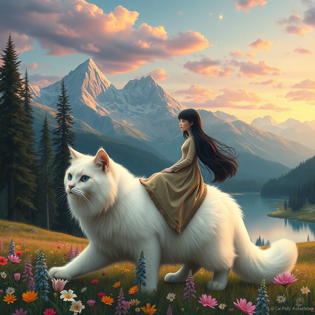 Woman Rides Giant Cat in Surreal Landscape