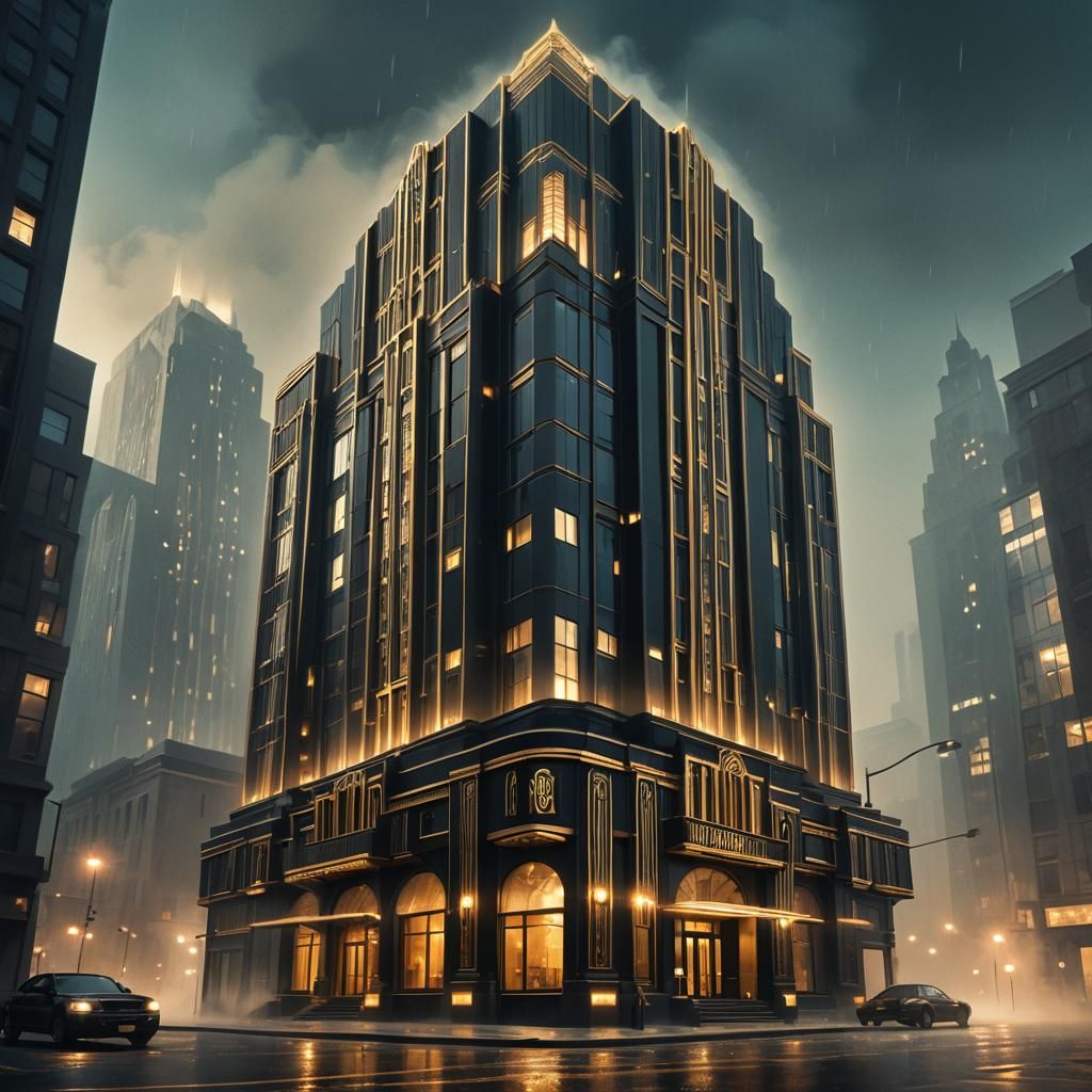 Majestic Art Deco Building in Misty Evening Scene