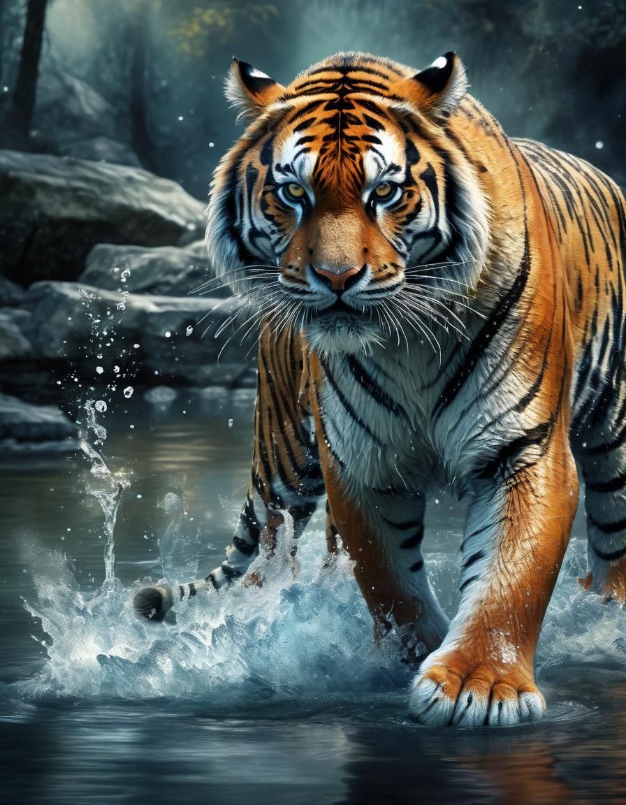 Watercolor Tiger Drinks in River, Fantasy Art