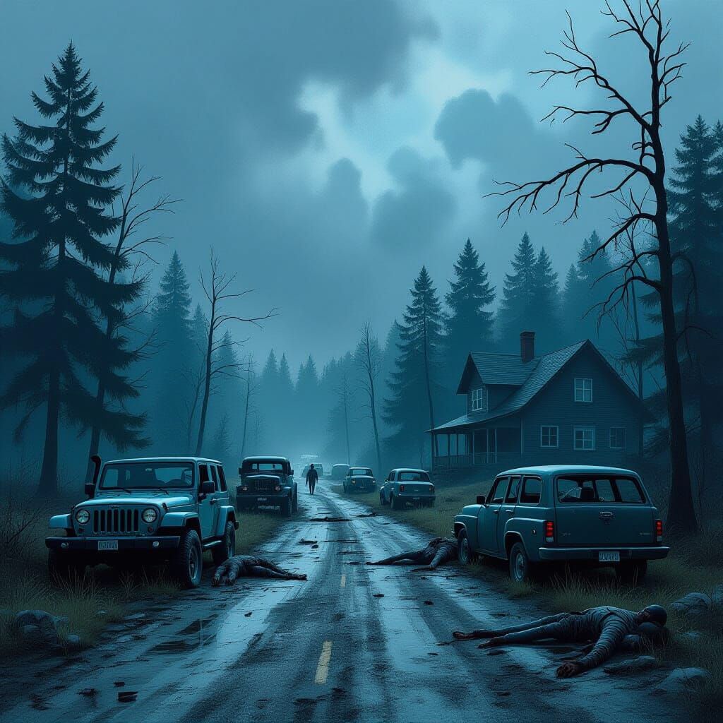 Zombies Haunt Forest Road with Abandoned Cars and Houses