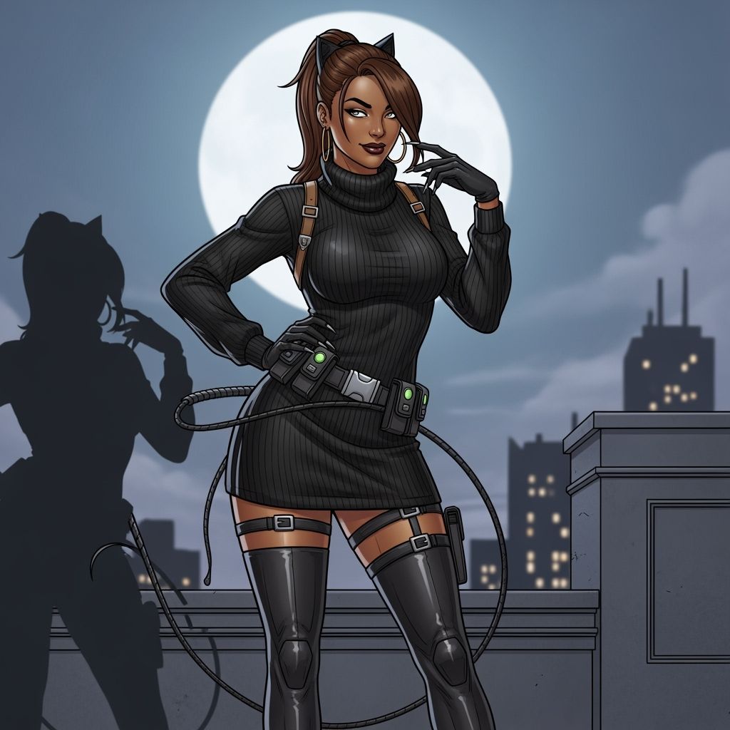 Catwoman Archer Hybrid on Gotham Rooftop in Comic Style