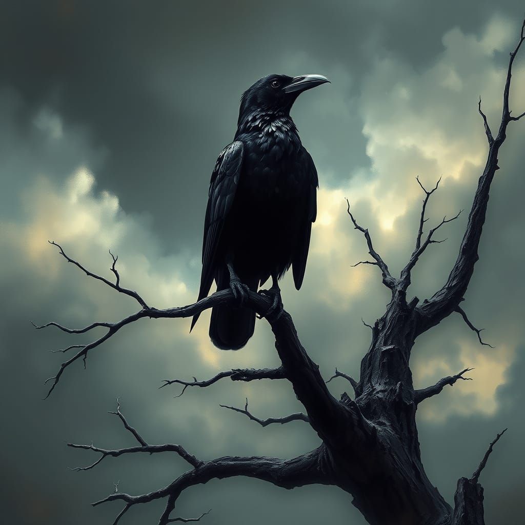 Gothic Raven on Ancient Branch in Stormy Sky