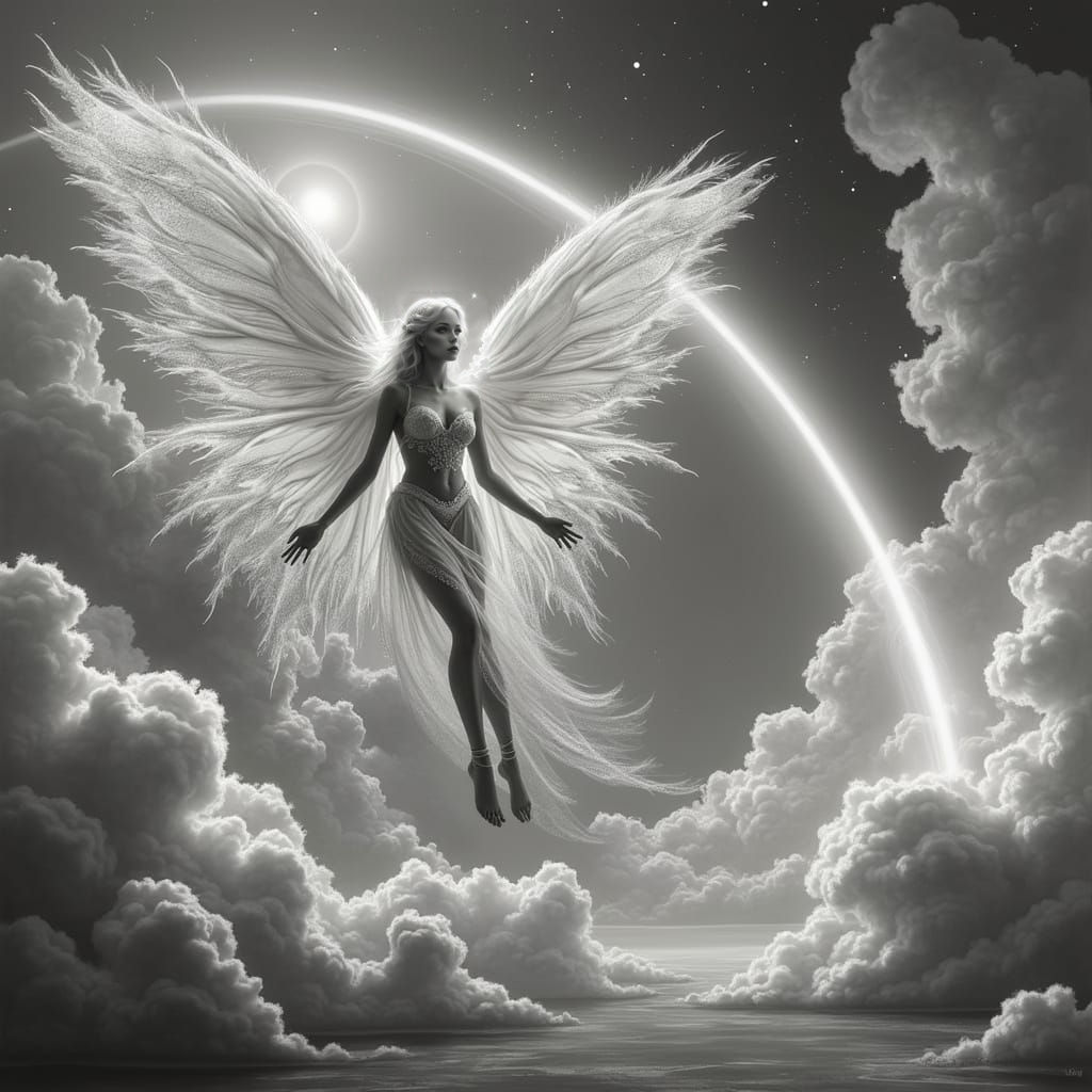 Hyper Real Black and White Fairy Painting with Sparkling Rai...