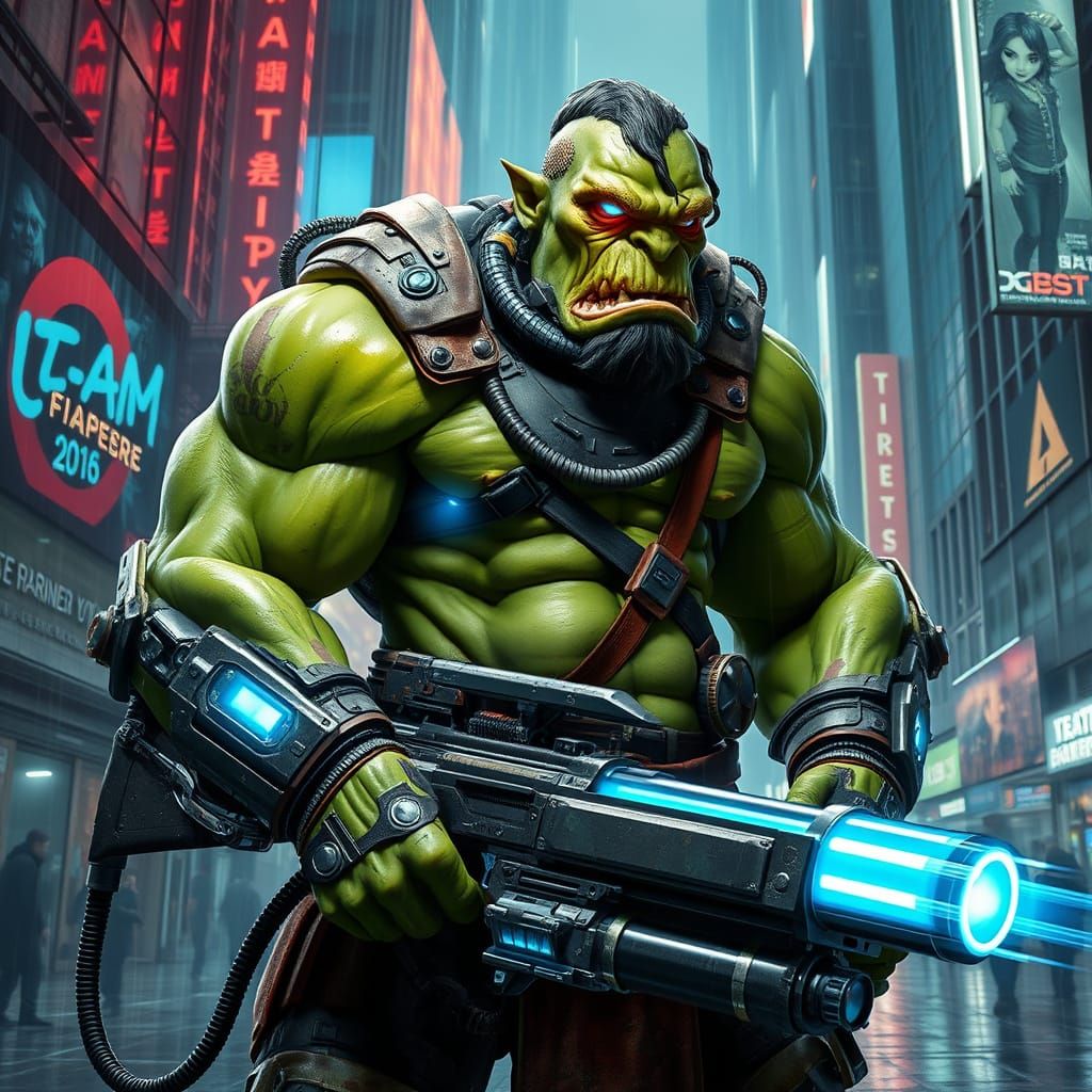 Cybernetic Orc Wields Plasma Gun in Futuristic Metropolis