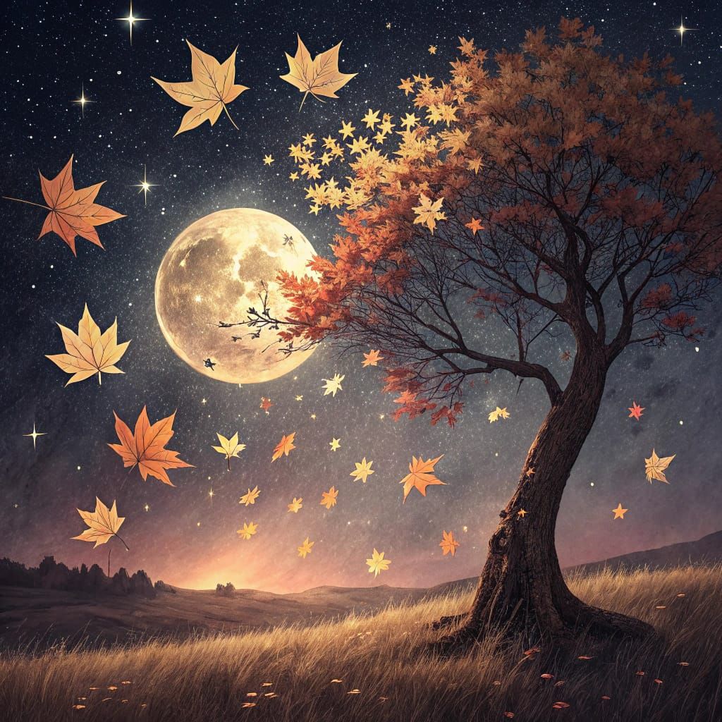 Surreal Autumn Landscape With Ascending Leaves Becoming Star...