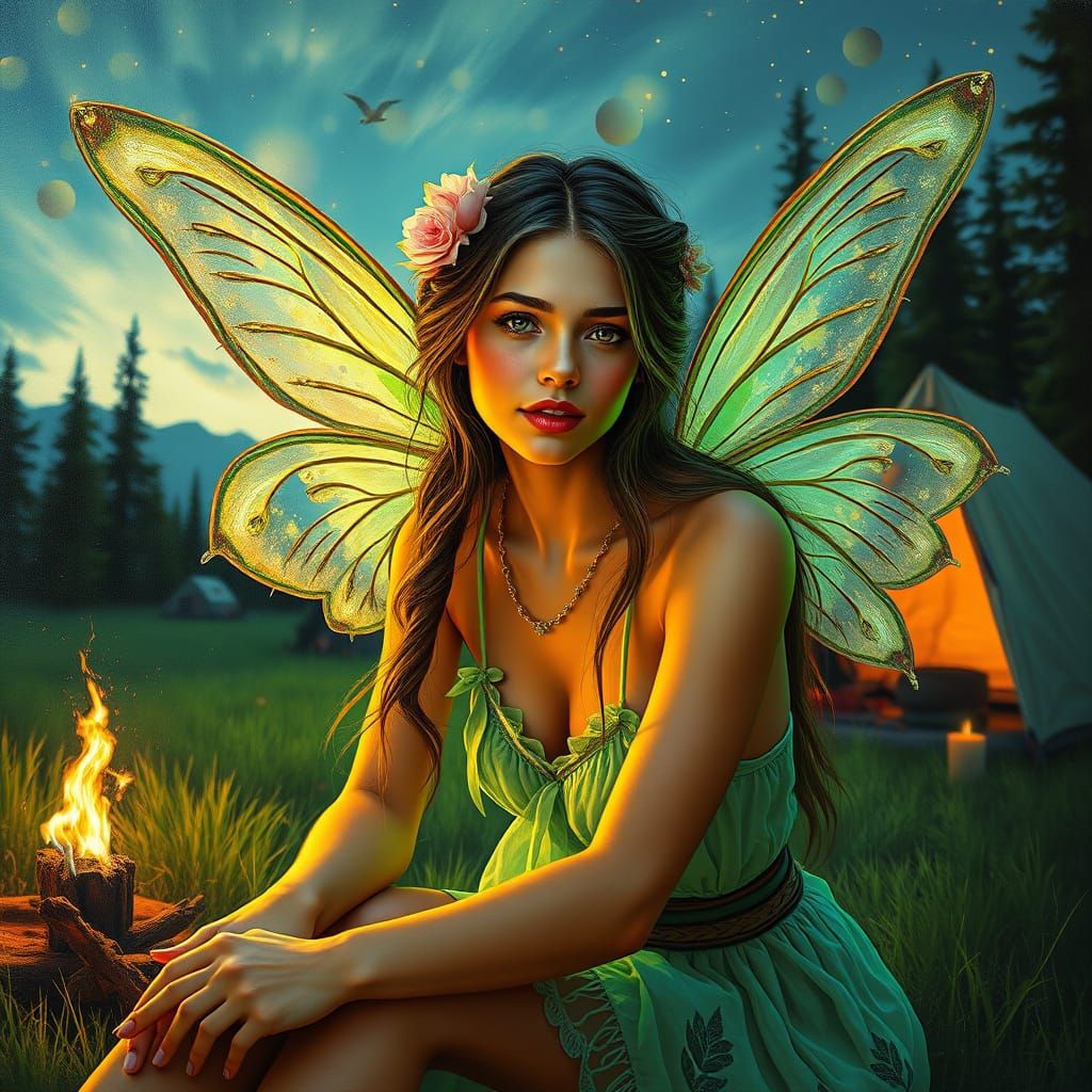 Neon Fairy Camping Scene as Oil Painting