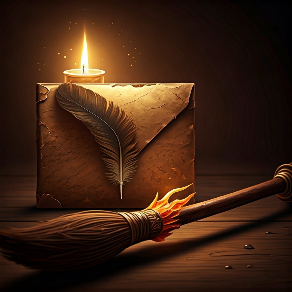 Letter with Feather and Broomstick in Golden Light
